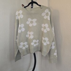 Floral Knit Sweater in Green and White